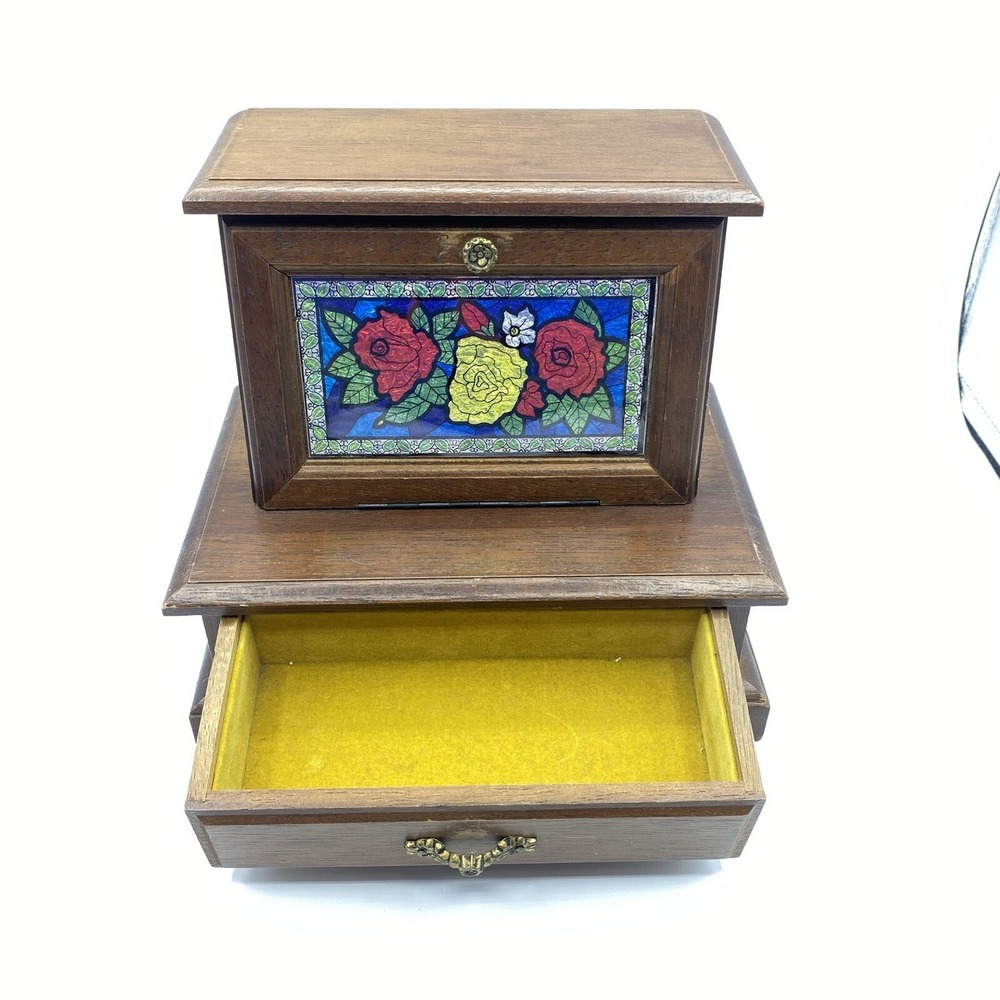 Vintage Wooden Jewelry Music Box, Made In Japan, Floral Roses Stained Glass Look - Picture 4 of 12